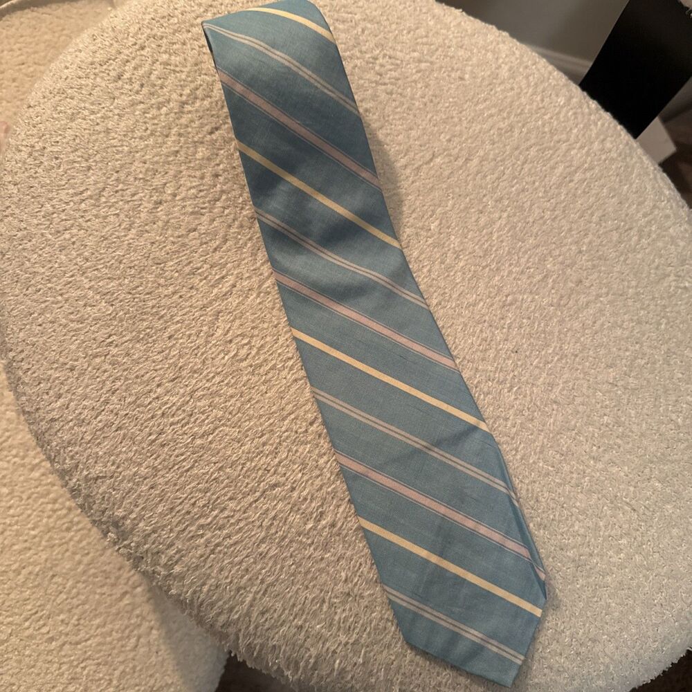 Vintage Paul Stuart Silk Tie Light Blue Pastel Pink Yellow Stripe Textured Repp